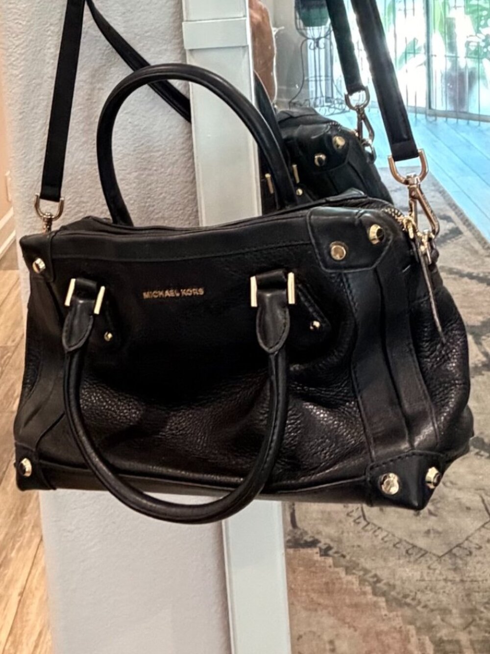 Michael Kors Black Pebbled Leather Satchel Crossbody Bag Gold Hardware